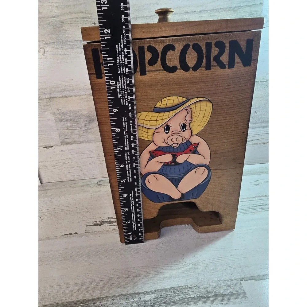 Vintage Wooden‎ Popcorn Dispenser Bin Hand Painted Pig Farmhouse Rustic Decor